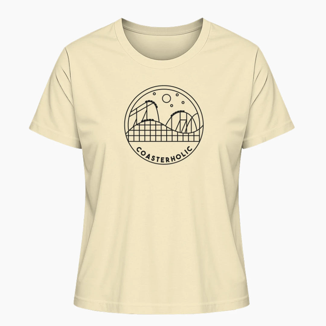 Das "Coasterholic" Damen T-Shirt in Weiß mit einem minimalistischen Achterbahn-Design. Perfekt für Achterbahn-Fans, die ihren Coaster-Enthusiasmus stilvoll präsentieren möchten.