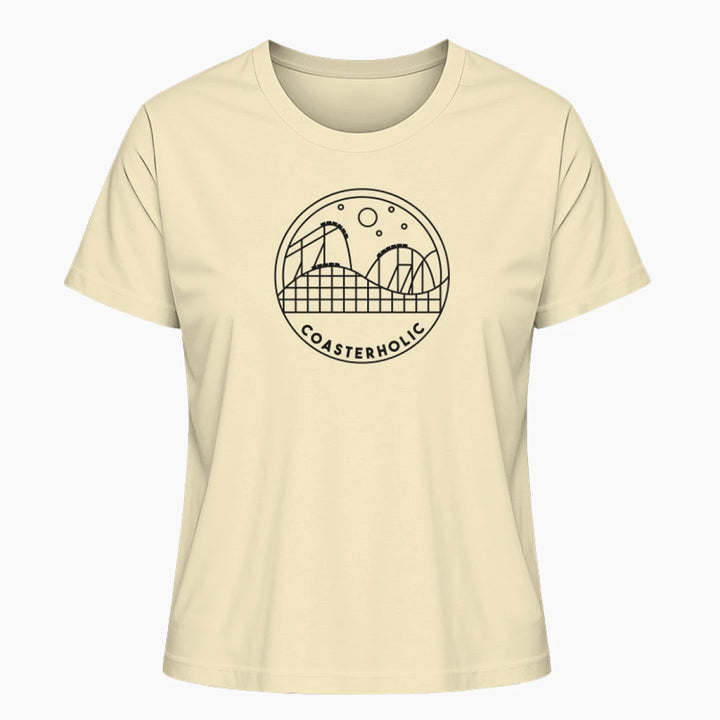 Das "Coasterholic" Damen T-Shirt in Weiß mit einem minimalistischen Achterbahn-Design. Perfekt für Achterbahn-Fans, die ihren Coaster-Enthusiasmus stilvoll präsentieren möchten.