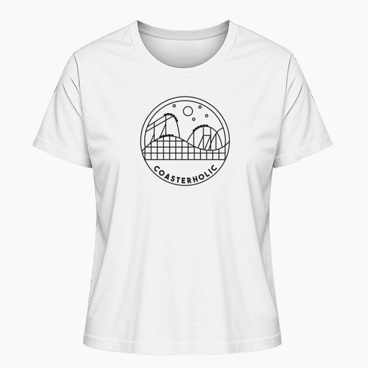 Das "Coasterholic" Damen T-Shirt in Weiß mit einem minimalistischen Achterbahn-Design. Perfekt für Achterbahn-Fans, die ihren Coaster-Enthusiasmus stilvoll präsentieren möchten.